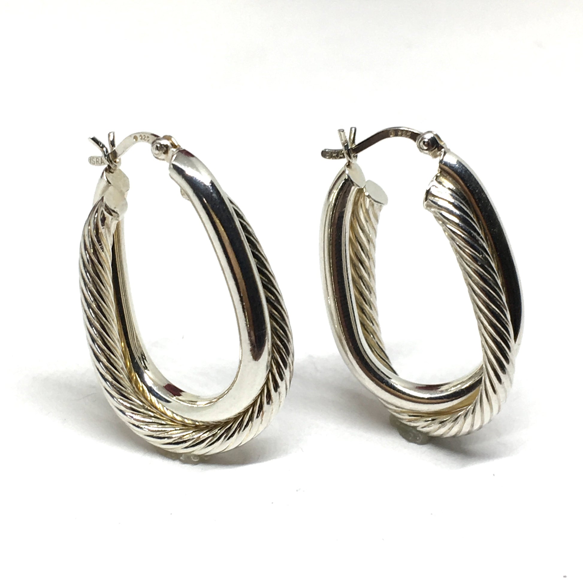 Hoop Earrings - Sterling Silver Earrings - Rope Crossover Design Oval Hoops - Discount Pre-owned Womens Earrings