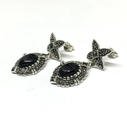 Dangle Earrings - Sterling Silver Black Onyx Scarab Beetle Marcasite Design Dangle Earrings | Blingschlingers Jewelry