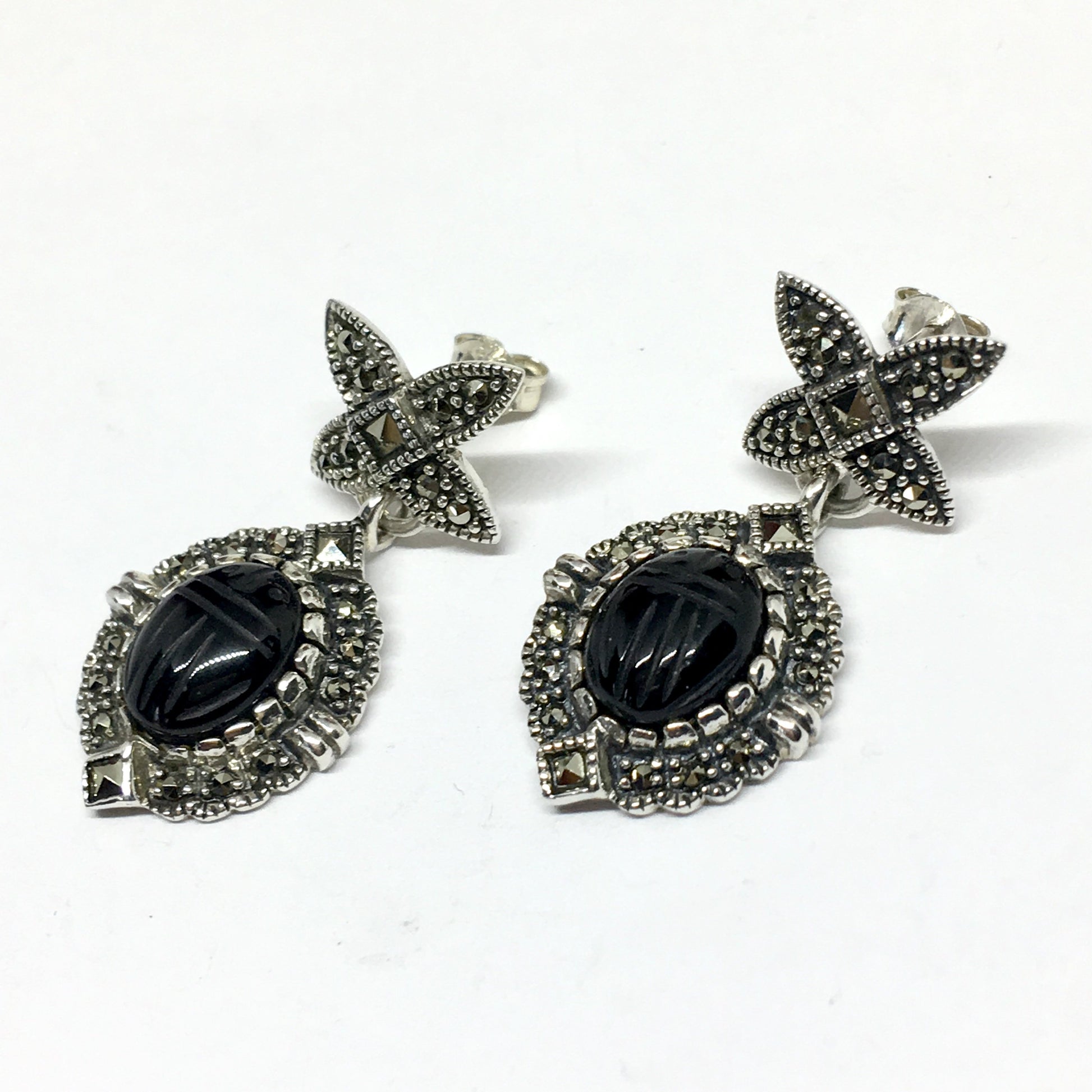 Dangle Earrings - Sterling Silver Black Onyx Scarab Beetle Marcasite Design Dangle Earrings | Blingschlingers.com 