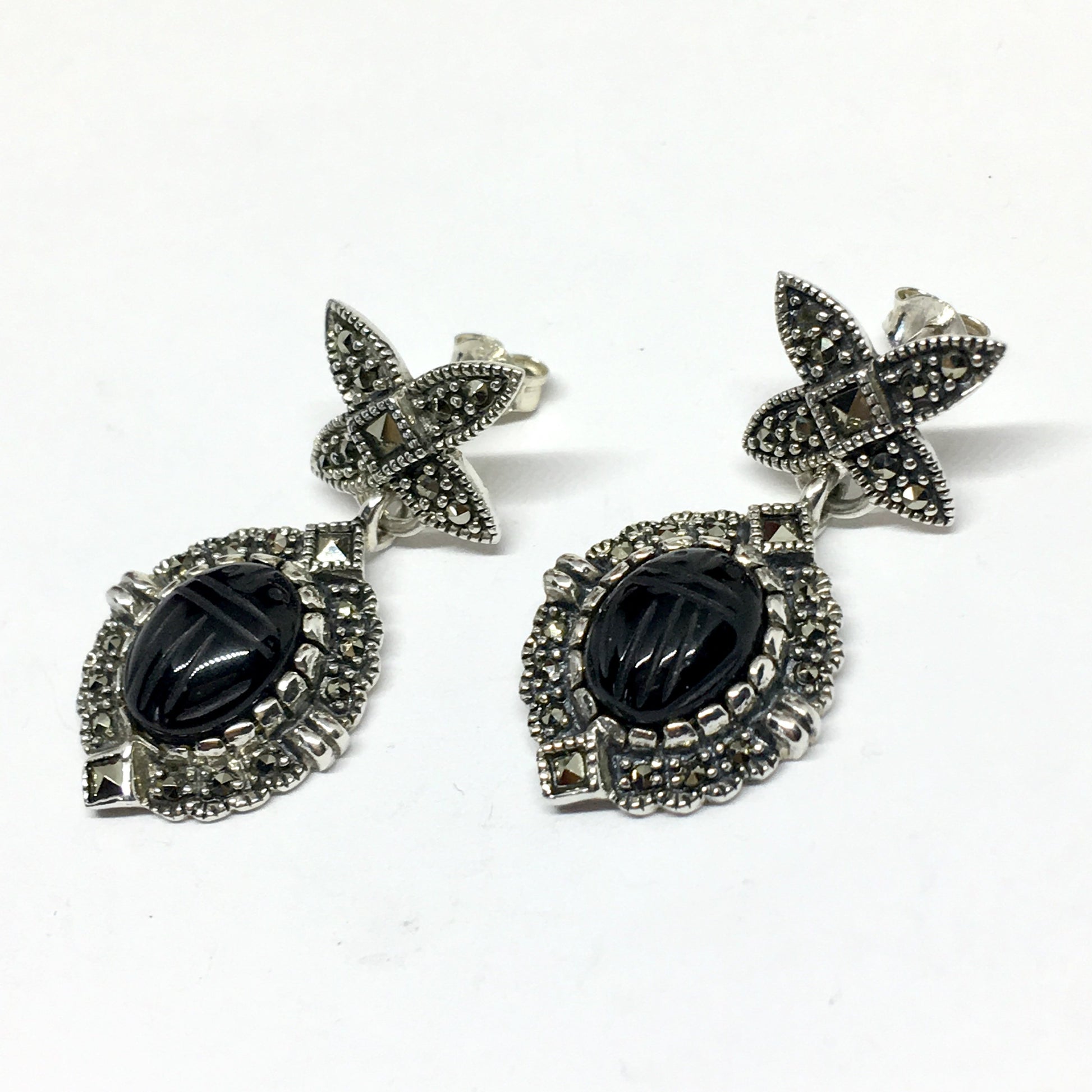 Earrings - Black Drop Earrings - Woman's Sterling Silver Earrings - Scarab Beetle Marcasite Stone Earrings - Dangle Earrings