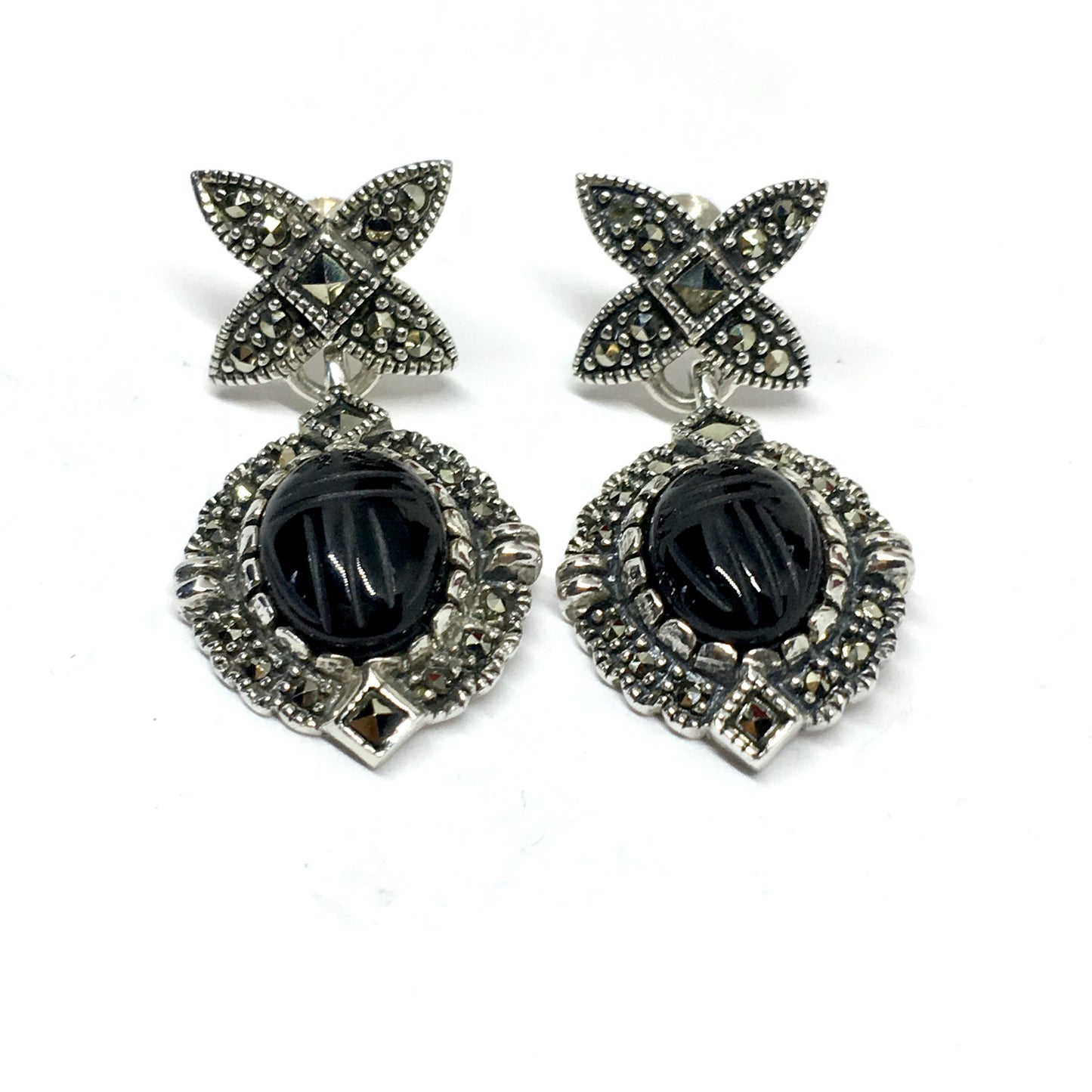 Dangle Earrings - Sterling Silver Black Onyx Scarab Beetle Marcasite Design Dangle Earrings