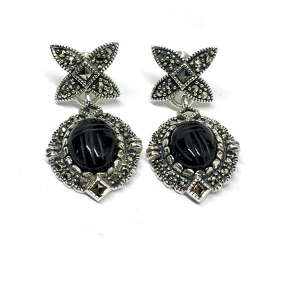 Dangle Earrings - Sterling Silver Black Onyx Scarab Beetle Marcasite Design Dangle Earrings