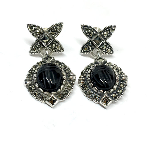 Earrings - Sterling Silver Black Drop Earrings - Scarab Beetle Marcasite Stone Dangle Earrings