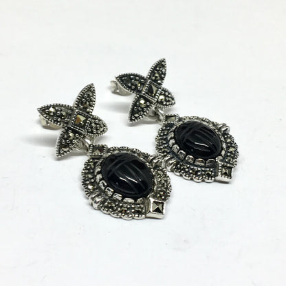 Dangle Earrings - Sterling Silver Black Onyx Scarab Beetle Marcasite Design Dangle Earrings | Blingschlingers USA