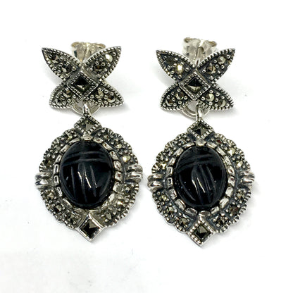 Dangle Earrings - Sterling Silver Black Onyx Scarab Beetle Marcasite Design Dangle Earrings | Blingschlingers Jewelry
