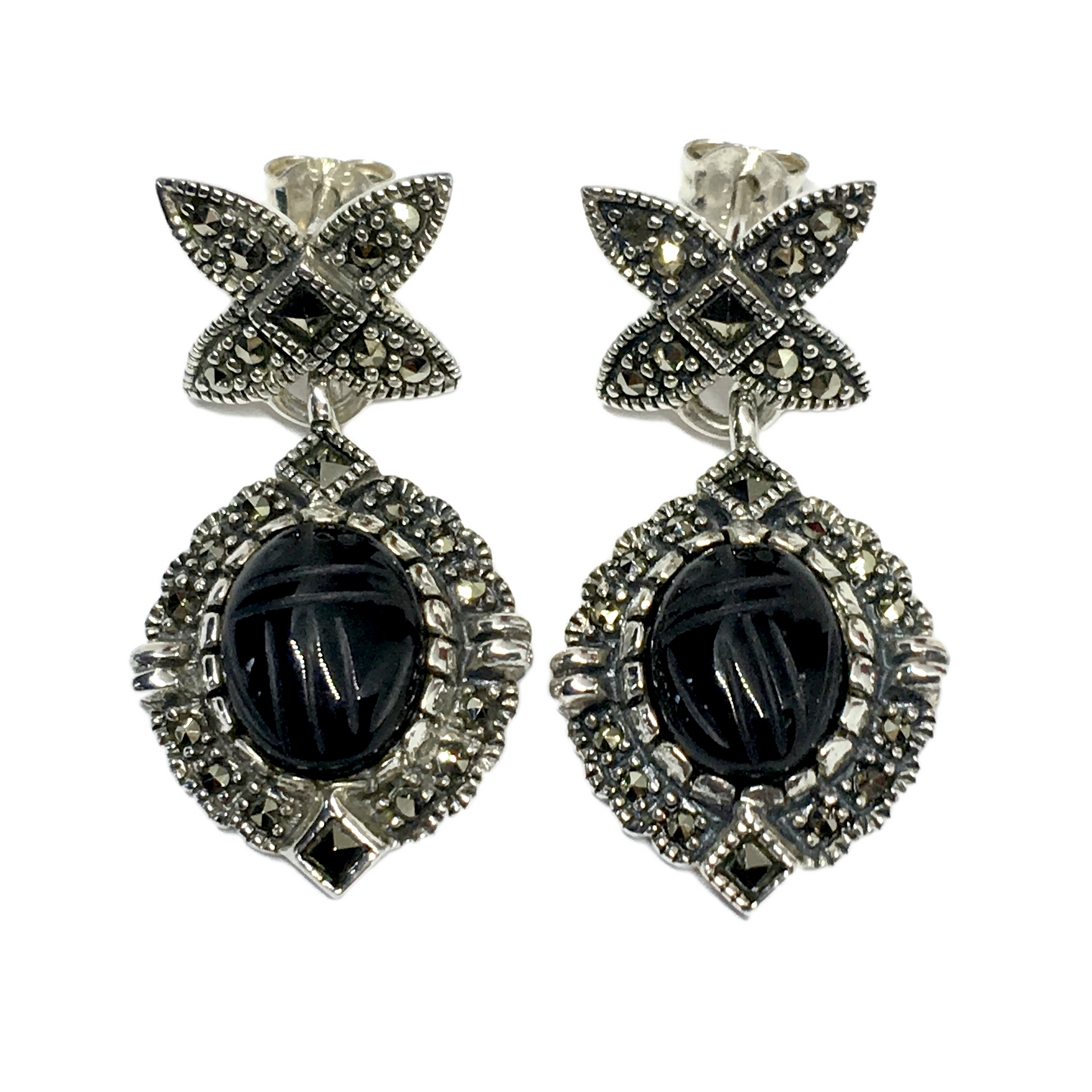 Dangle Earrings - Sterling Silver Black Onyx Scarab Beetle Marcasite Design Dangle Earrings