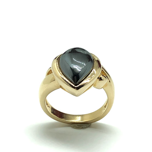 Estate Jewelry - Yellow Gold Sterling Silver Bold Teardrop Hematite Stone Band Ring - Blingschlingers USA