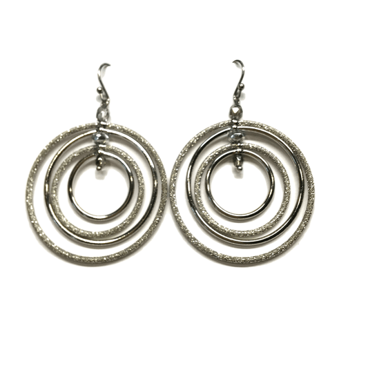 Earrings - Silver Shimmery Sandblasted Spinning Circle Hoop Dangle Earrings - Discount Estate Jewelry