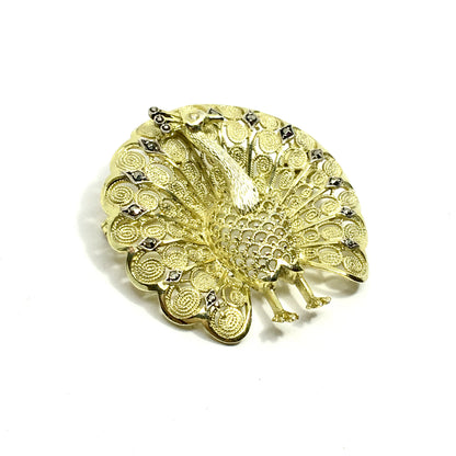Brooch / Lapel Pin - Vintage Gold Sterling Silver Marcasite Stone Peacock Brooch / Lapel Pin