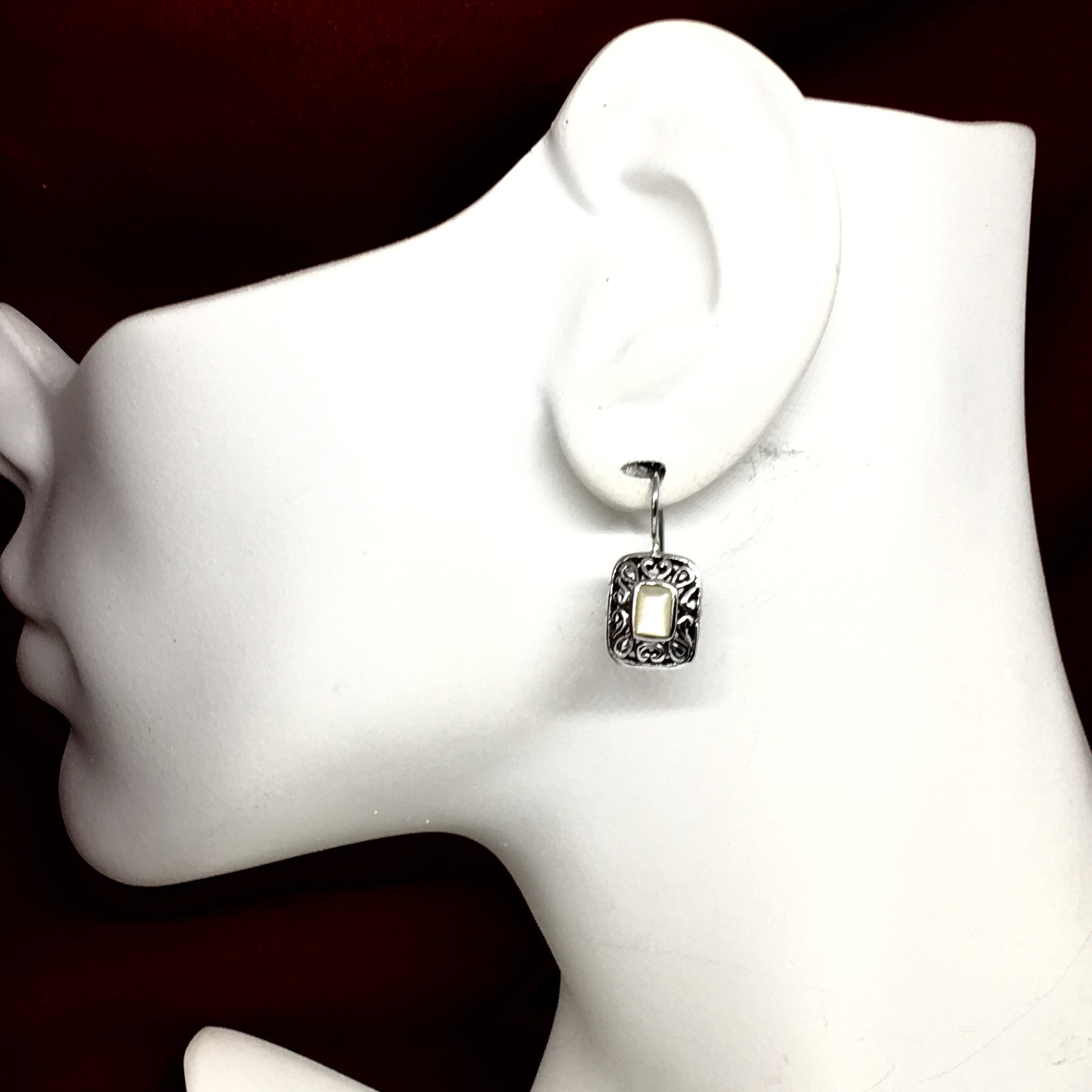 Drop Earrings - Womens Pearl Scrolling Cut-out Design Sterling Silver Drop Earrings