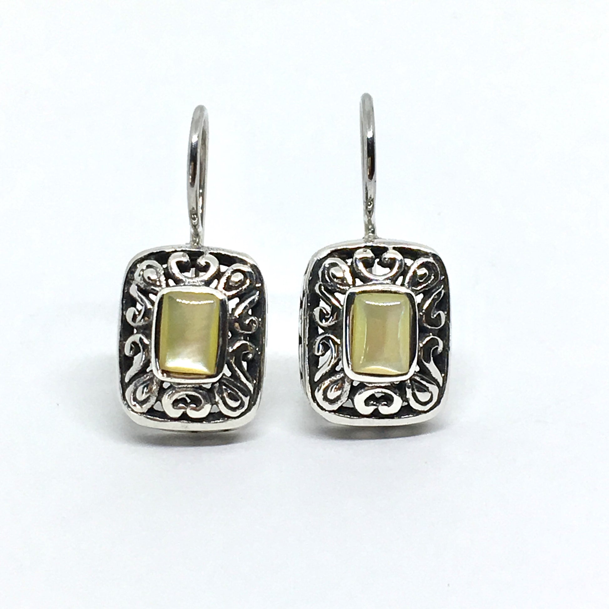Drop Earrings - Womens Pearl Scrolling Cut-out Design Sterling Silver Drop Earrings