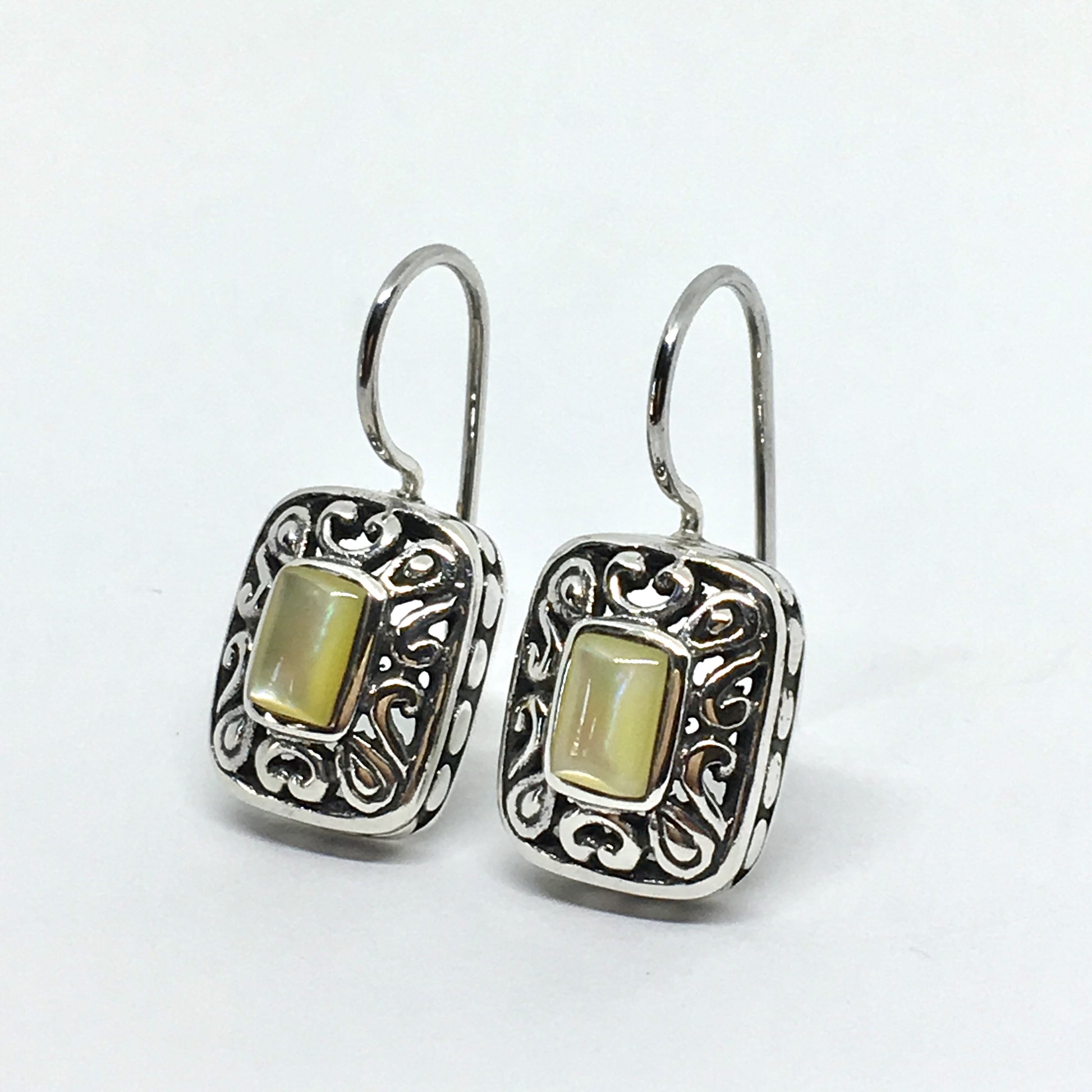 Drop Earrings - Womens Pearl Scrolling Cut-out Design Sterling Silver Drop Earrings