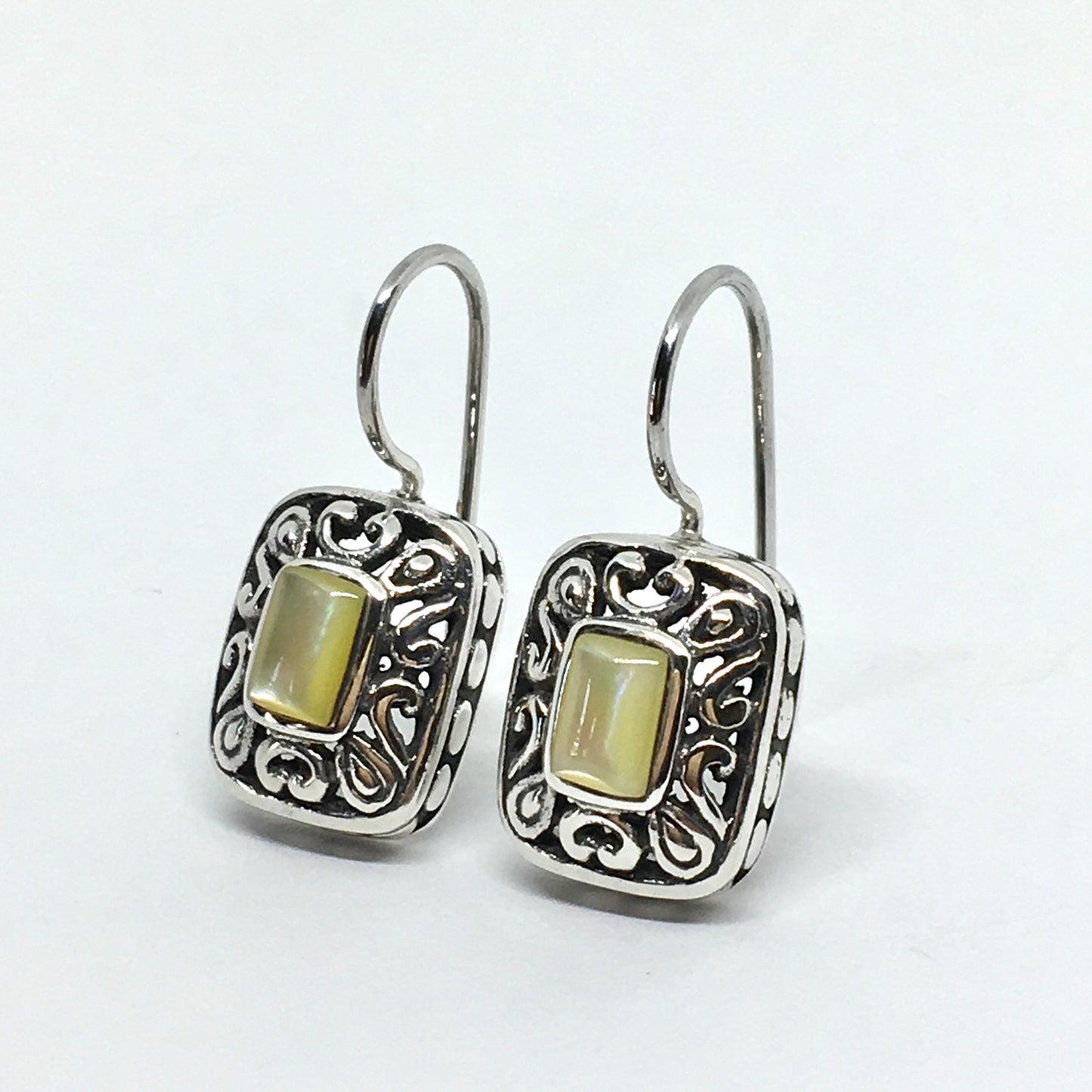 Drop Earrings - Womens Pearl Scrolling Cut-out Design Sterling Silver Drop Earrings