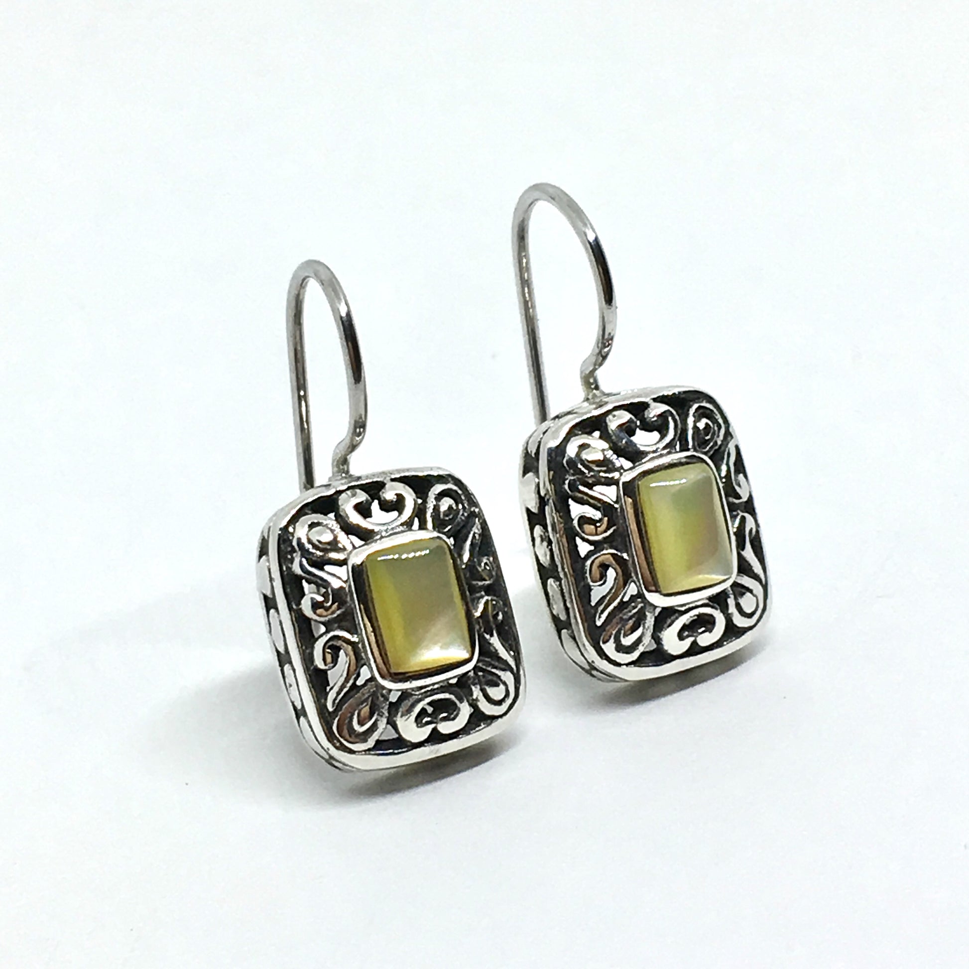 Drop Earrings - Womens Pearl Scrolling Cut-out Design Sterling Silver Drop Earrings