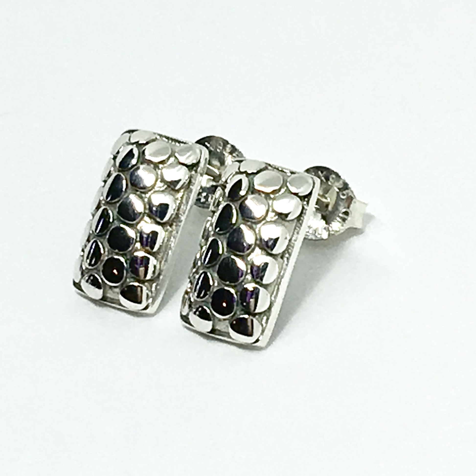 Earrings - Sterling Silver Pebble Grain Bar Earrings - Designer Modernist Style Short Drop Earrings