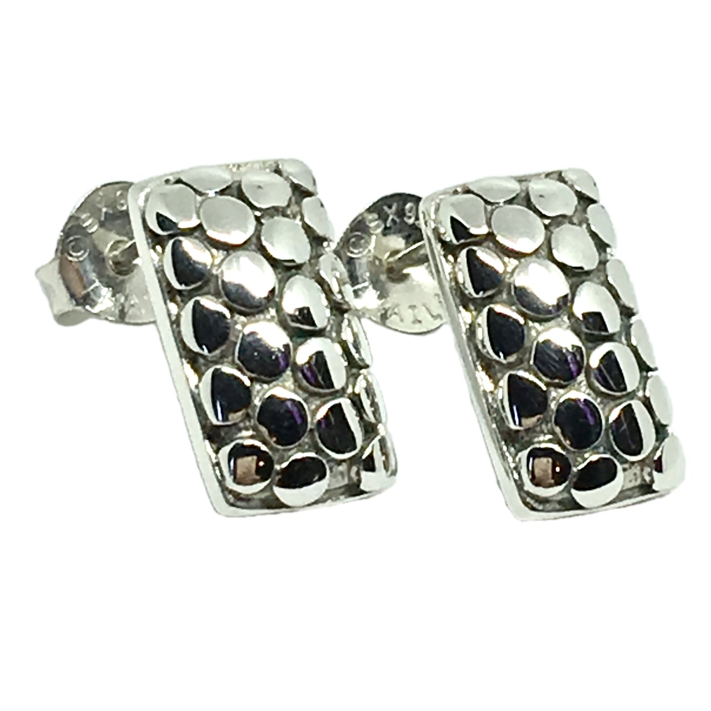 Earrings - Sterling Silver Pebble Grain Bar Earrings - Designer Modernist Style Short Drop Earrings