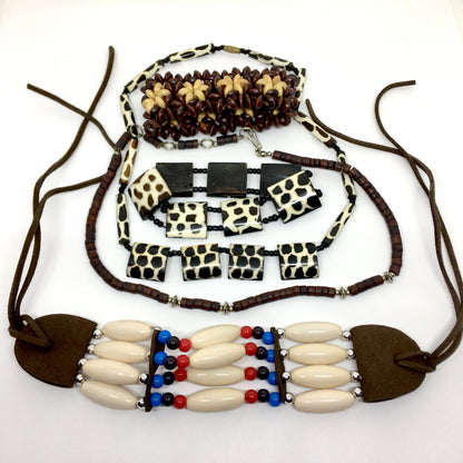 Costume Jewelry Lot | African Giraffe Print Bone Bracelets Necklaces & Arm Band