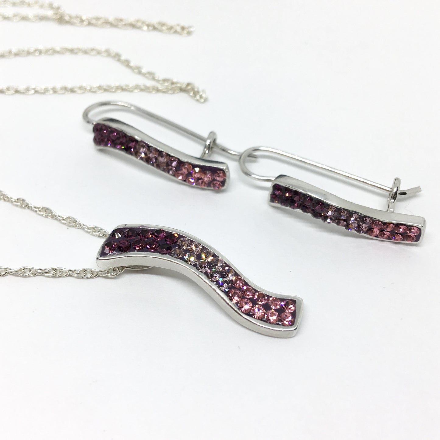 Jewelry - 24 in Sterling Silver Sparkly Purple Ombre Crystal Wavy Design Necklace Pendant & Earrings set