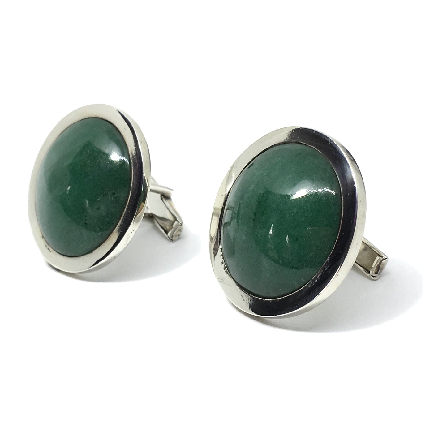 Cufflinks - Sterling Silver 1970s Round Button Style Big Green Stone Cufflinks - Vintage Jewelry