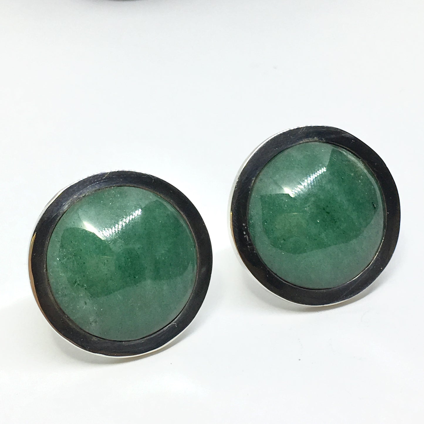 Cufflinks - Sterling Silver 1970s Round Button Style Big Green Stone Cufflinks - Vintage Jewelry