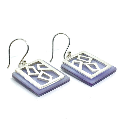 Earrings - Womens Edgy Flair Sterling Silver Purple Pearl Modern Geometric Design Dangle Earrings