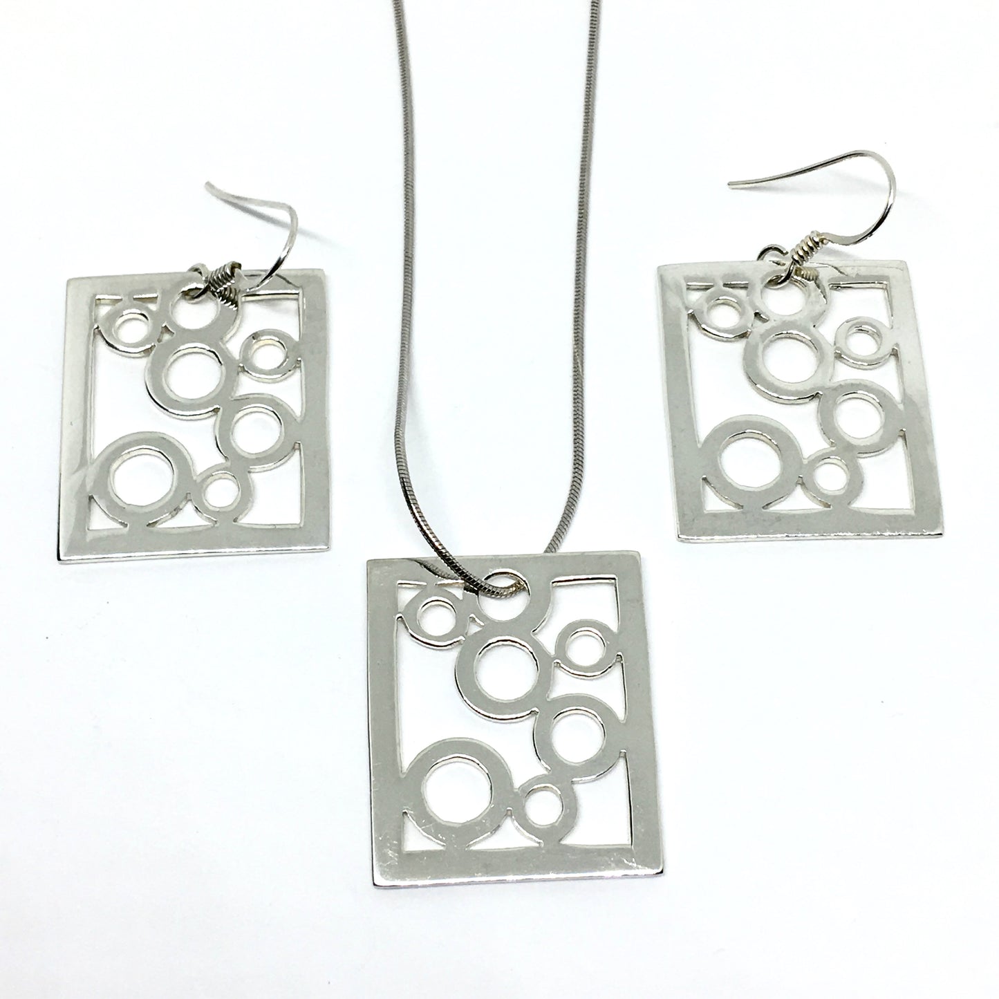 Pendant Necklace & Earrings Matching set - Sterling Silver Artsy Chic Modernist Style Circle Design Jewelry