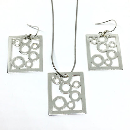 Pendant Necklace & Earrings Matching set - Sterling Silver Artsy Chic Modernist Style Circle Design Jewelry