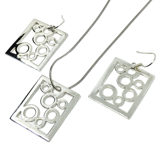 Pendant Necklace & Earrings Matching set - Sterling Silver Artsy Chic Modernist Style Circle Design Jewelry