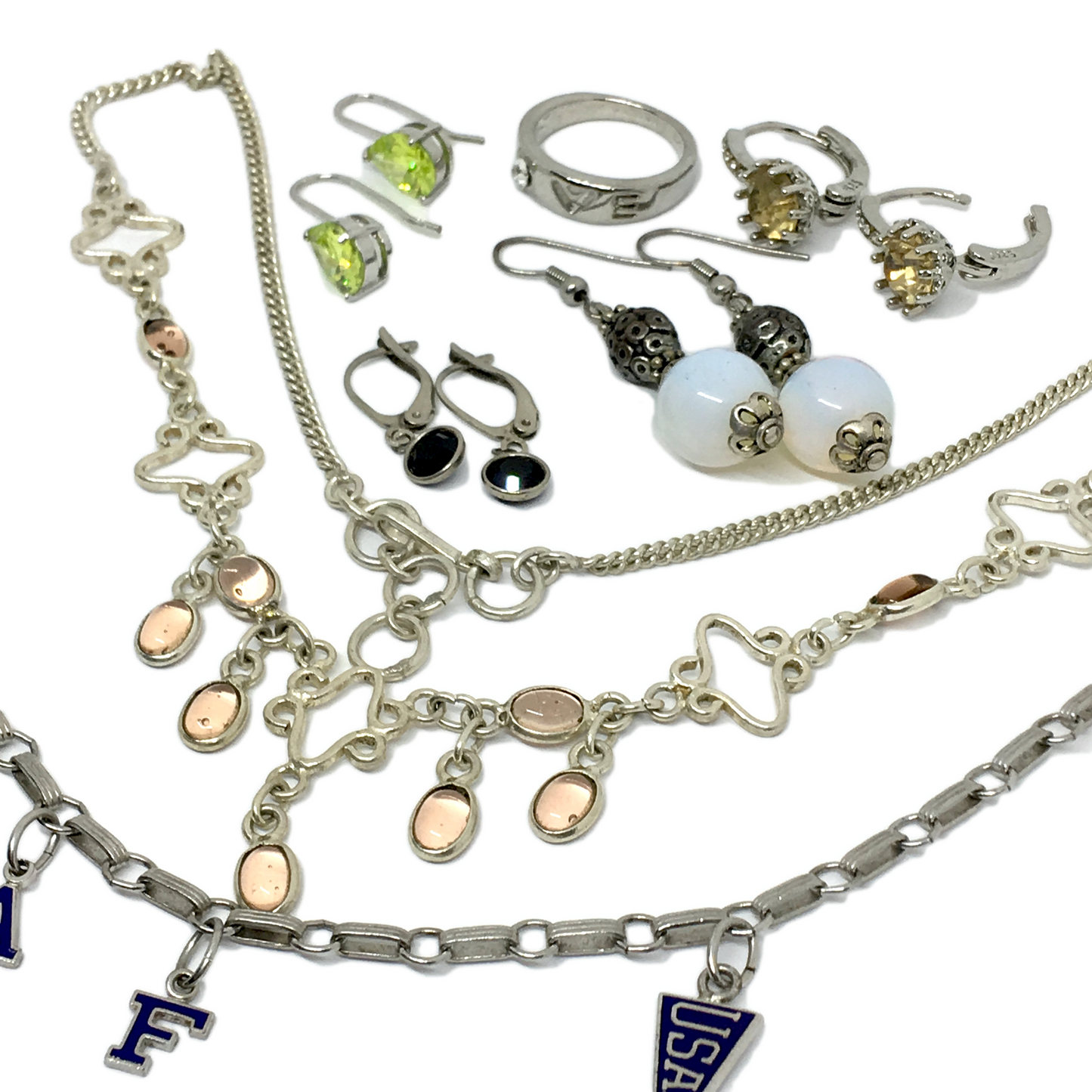 Costume Jewelry Lot | Necklace Bracelet Earrings & Ring Silver Tone w/ Stones