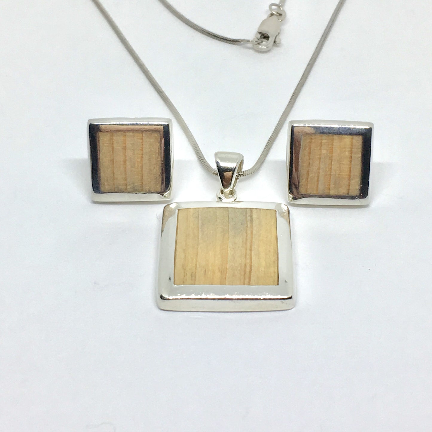 Matching Jewelry Set - Sterling Silver Natural Wood inlay Geometric Square Design Pendant Necklace & Earrings set