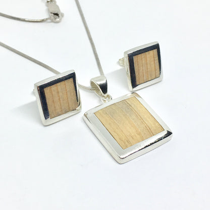 Matching Jewelry Set - Sterling Silver Natural Wood inlay Geometric Square Design Pendant Necklace & Earrings set