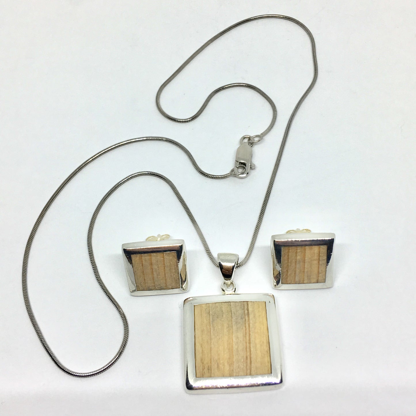 Matching Jewelry Set - Sterling Silver Natural Wood inlay Geometric Square Design Pendant Necklace & Earrings set