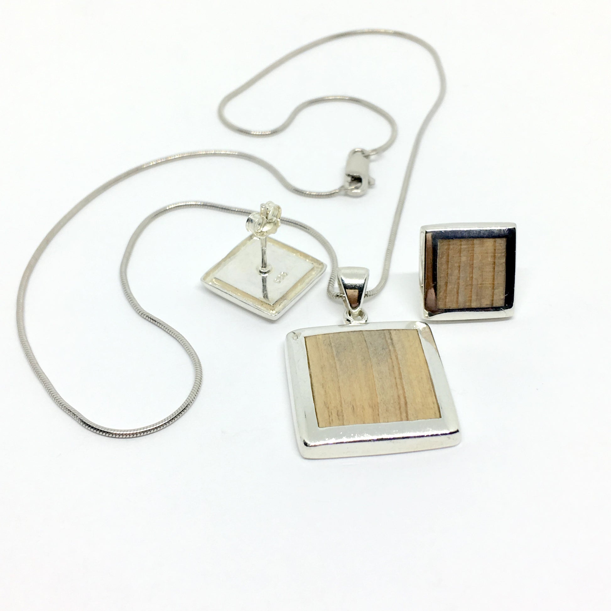 Matching Jewelry Set - Sterling Silver Natural Wood inlay Geometric Square Design Pendant Necklace & Earrings set