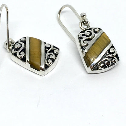 Dangle Earrings - Sterling Silver Golden Tigers Eye Drop Earrings - Fancy Filigree & Stone Earrings