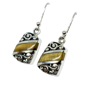 Earrings - Sterling Silver Golden Tigers Eye Stone Scrolling Cut-out Design Dangle Earrings