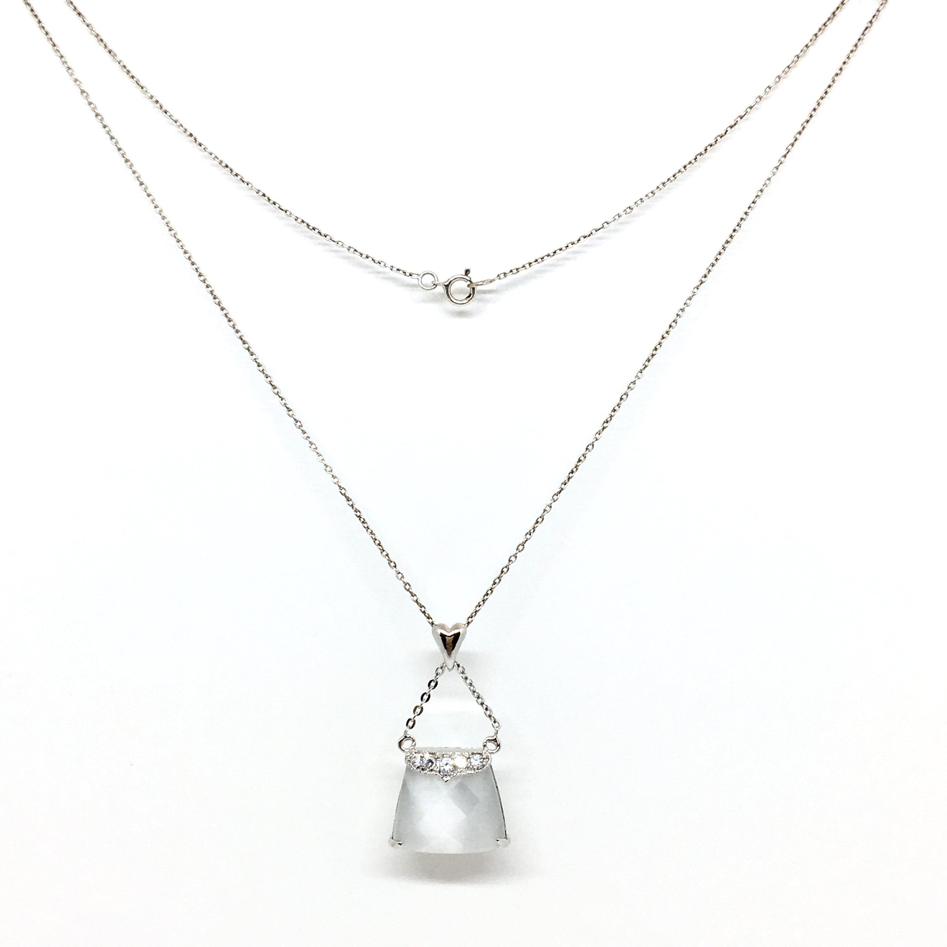 16in Sterling Silver Necklace, Fancy Glowing Blue Grey Cat's-eye Purse Design Pendant Necklace