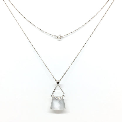 16in Sterling Silver Necklace, Fancy Glowing Blue Grey Cat's-eye Purse Design Pendant Necklace