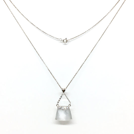 16in Sterling Silver Necklace, Fancy Glowing Blue Grey Cat's-eye Purse Design Pendant Necklace