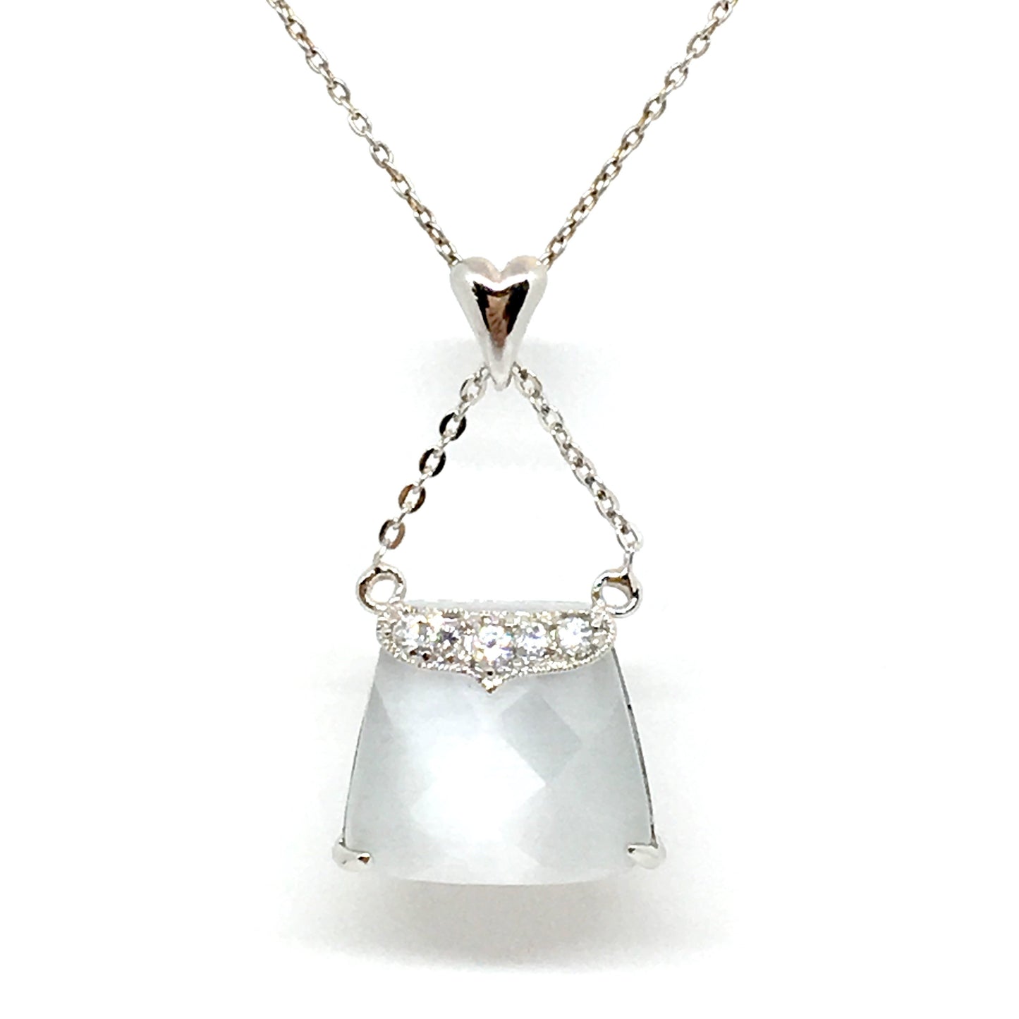 925 Sterling Silver Necklace, Fancy Glowing Blue Grey Cat's-eye Purse Design Pendant Necklace