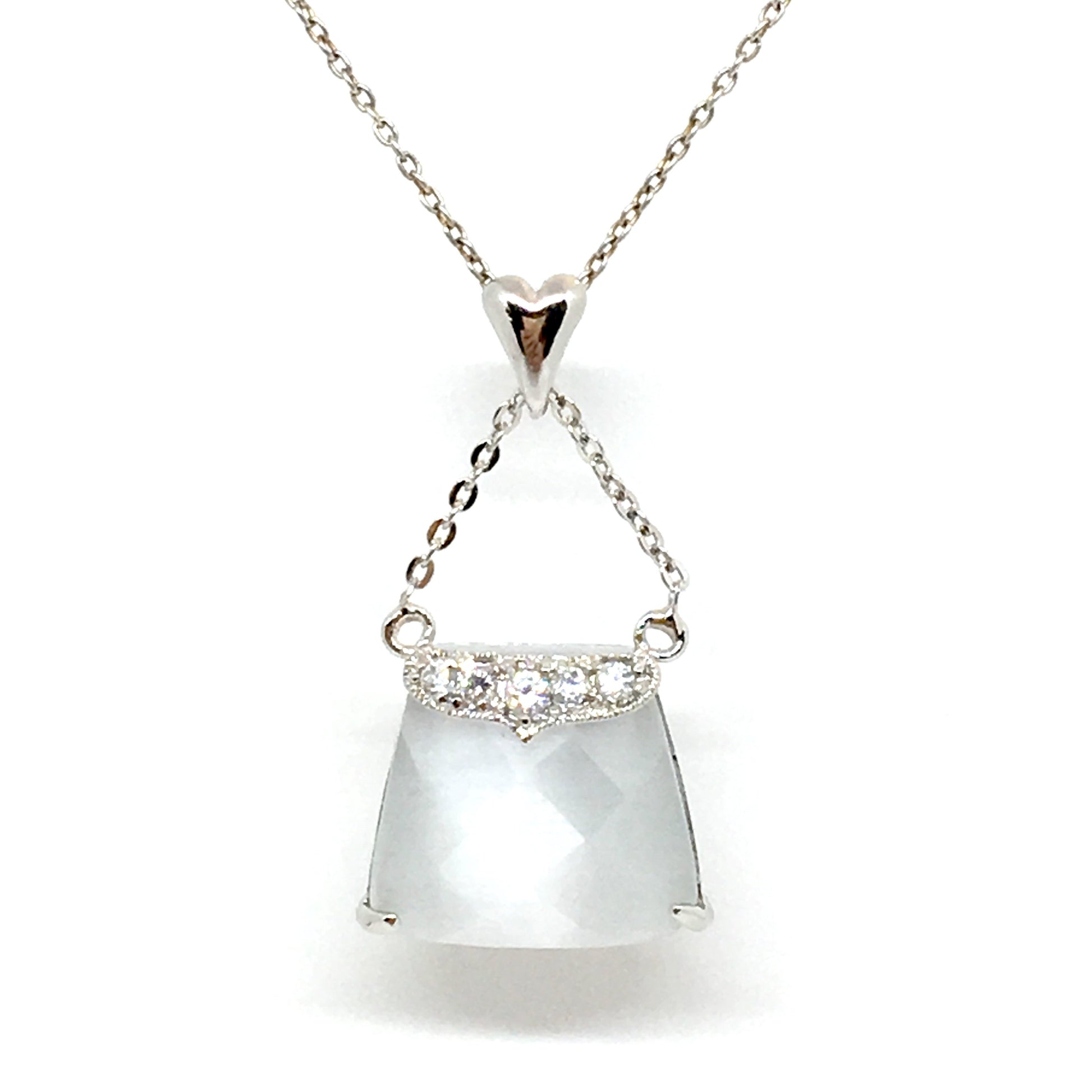 925 Sterling Silver Necklace, Fancy Glowing Blue Grey Cat's-eye Purse Design Pendant Necklace