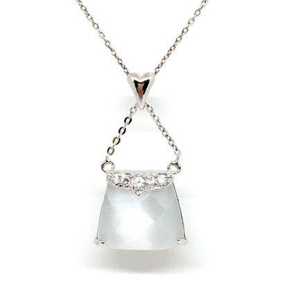 925 Sterling Silver Necklace, Fancy Glowing Blue Grey Cat's-eye Purse Design Pendant Necklace