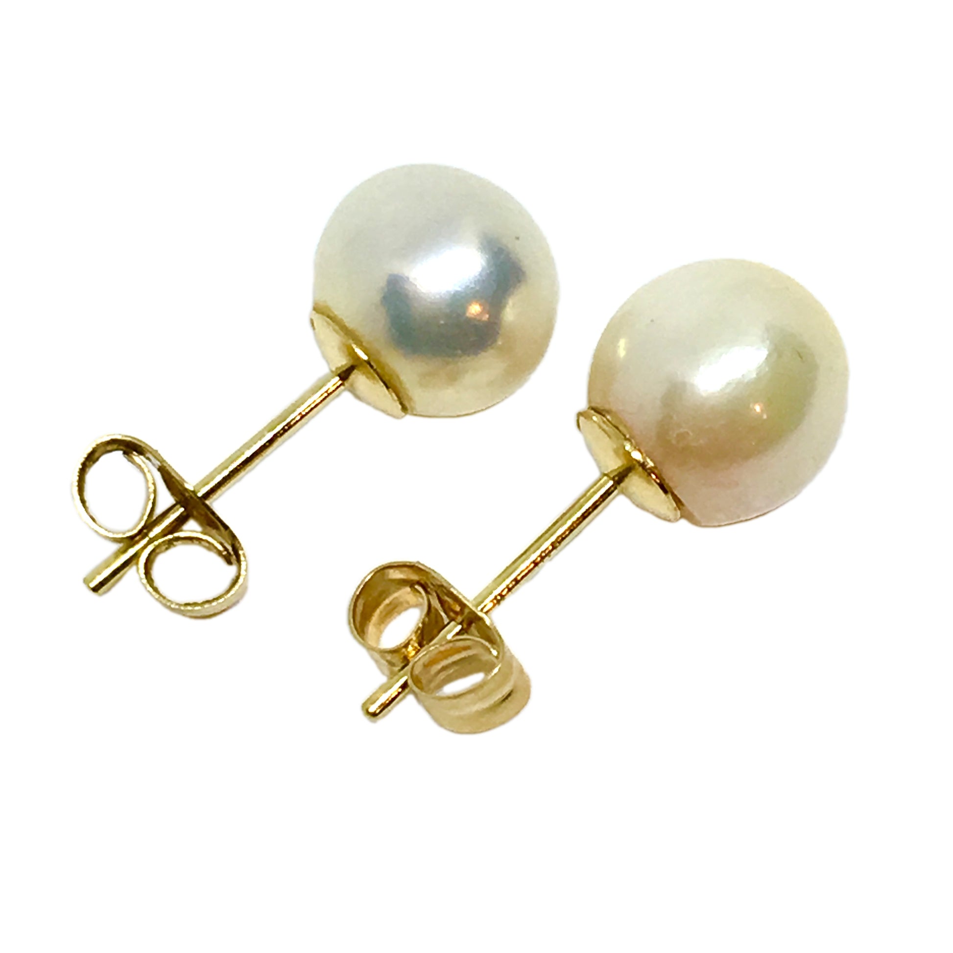 Vintage 14k Gold 7 mm Traditional Cultured White Pearl Stud Earrings
