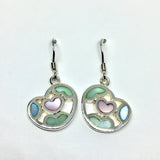 Earrings ~ Sterling Silver Heart Design Pink Green Pearl Dangle Earrings