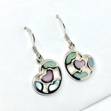 Earrings ~ Sterling Silver Heart Design Pink Green Pearl Dangle Earrings