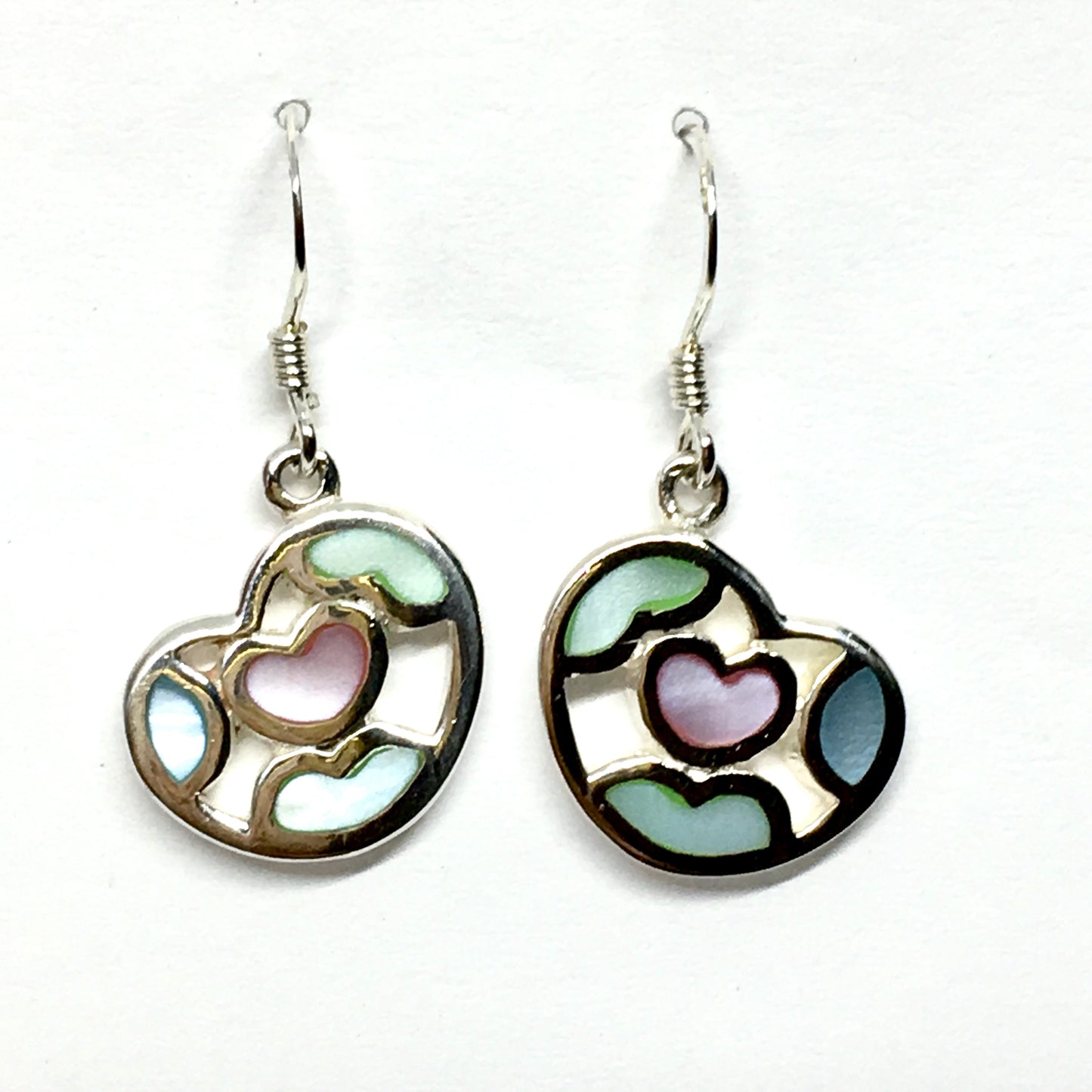 Pastel Pallet ~ Sterling Silver Abstract Pink & Green Pearl Heart Dangle Earrings