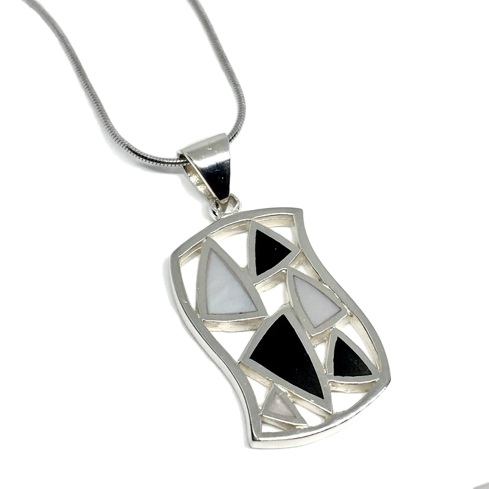 Jewelry Mens Womens ~ Sterling Silver Black White Shattered Triangle Design Pendant Necklace set -  Blingschlingers.com in USA 