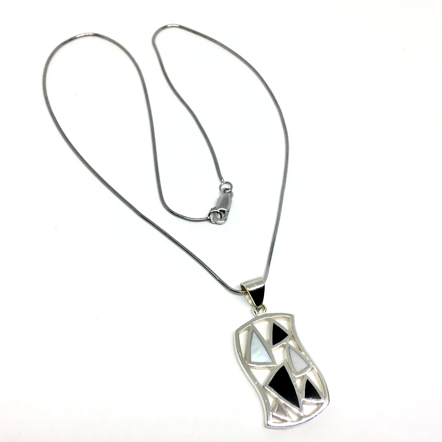 Jewelry Mens Womens ~ Sterling Silver Black White Shattered Triangle Design Pendant Necklace set