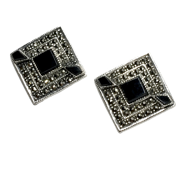 Earrings Womens - used Sterling Silver Black Marcasite Stone Diamond Design Drop Earrings - Blingschlingers.com online USA