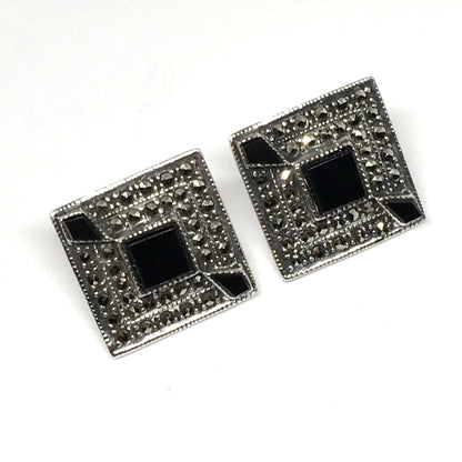 Earrings Womens - used Sterling Silver Black Marcasite Stone Diamond Design Drop Earrings