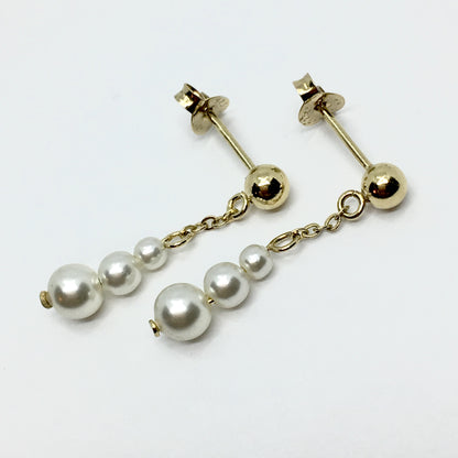 Earrings - Womens used Gold Sterling Silver Graduating White Pearl Dangle Earrings